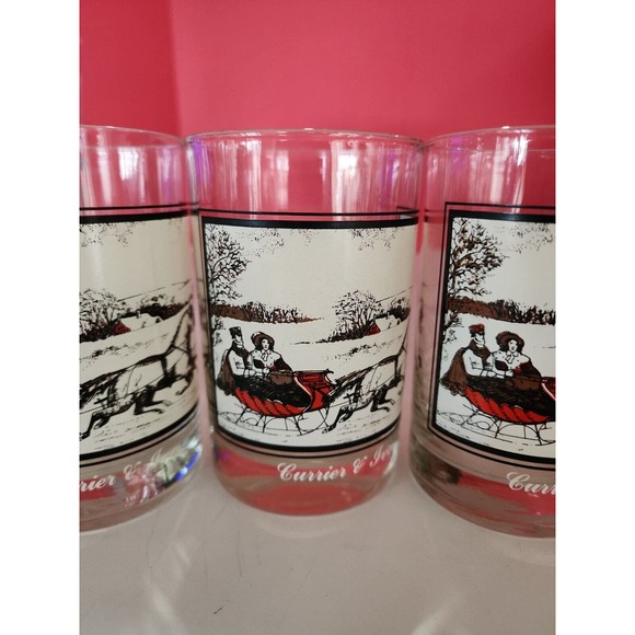 Currier and Ives Christmas Glasses Sleigh Ride Drink Glass Cups Vintage Set Of 4 - Picture 5 of 8